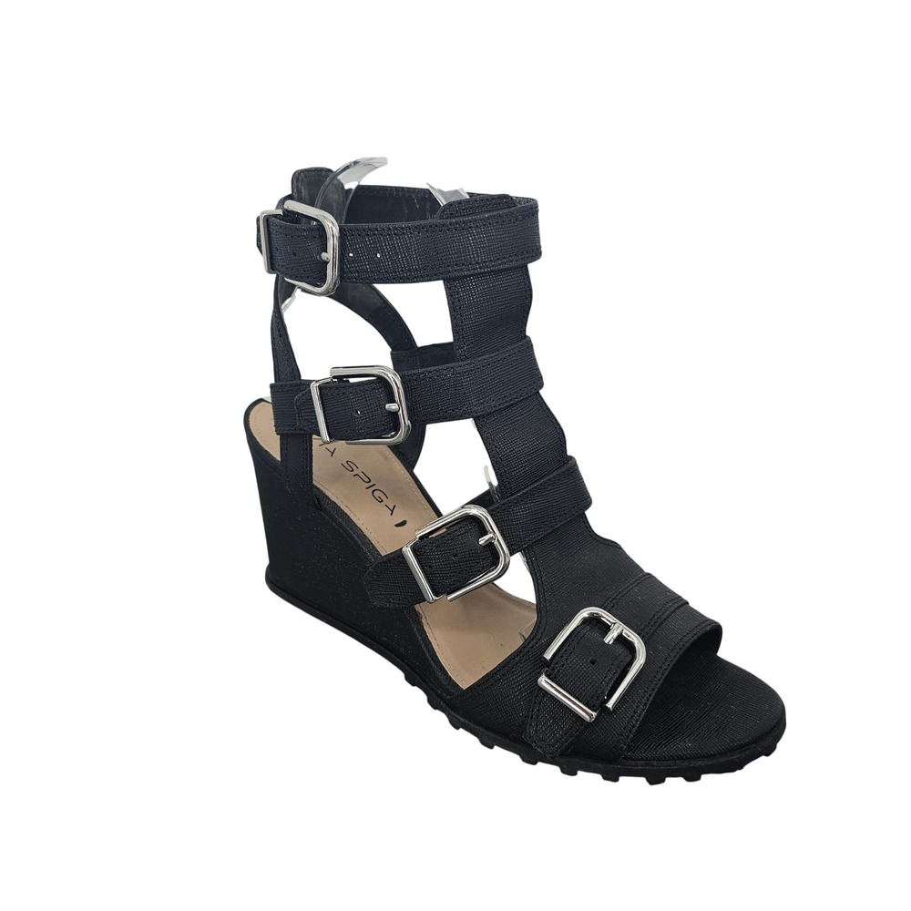 Via Spiga Womens Black Textured Gladiator Wedge Sandals Multi Buckle Straps 8.5